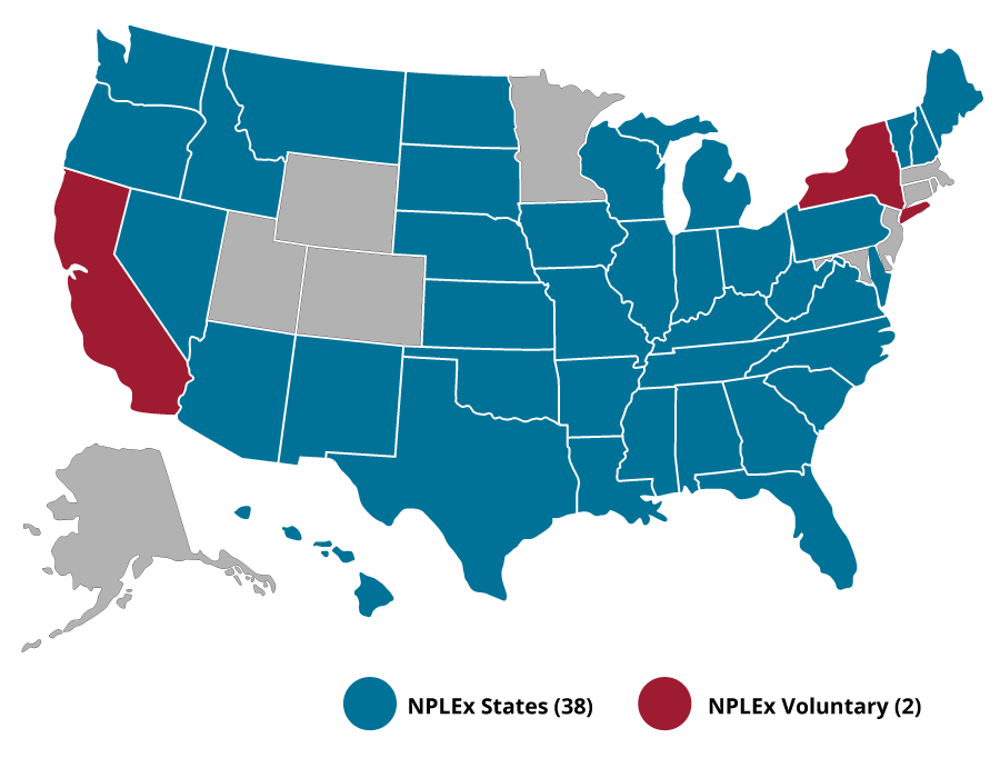 A color coded map of the Unite States showing the usage of NPLEx by state.