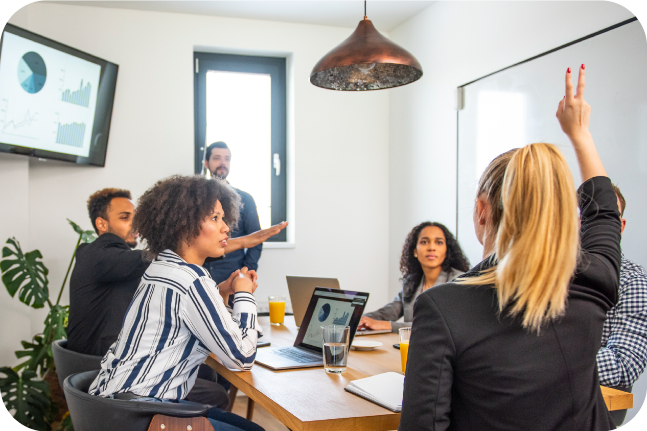 A team of professionals are brainstorming in a. modern office.