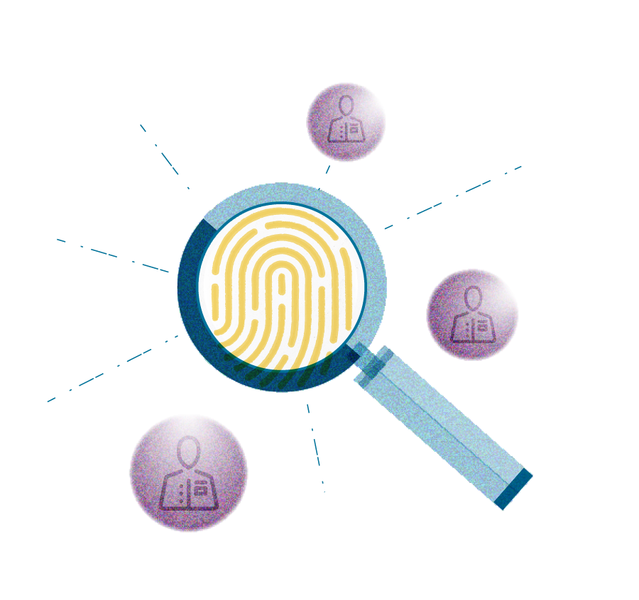 A blue, purple, and yellow illustration showing integration with a magnifying glass over a thumbprint with users surrounding.