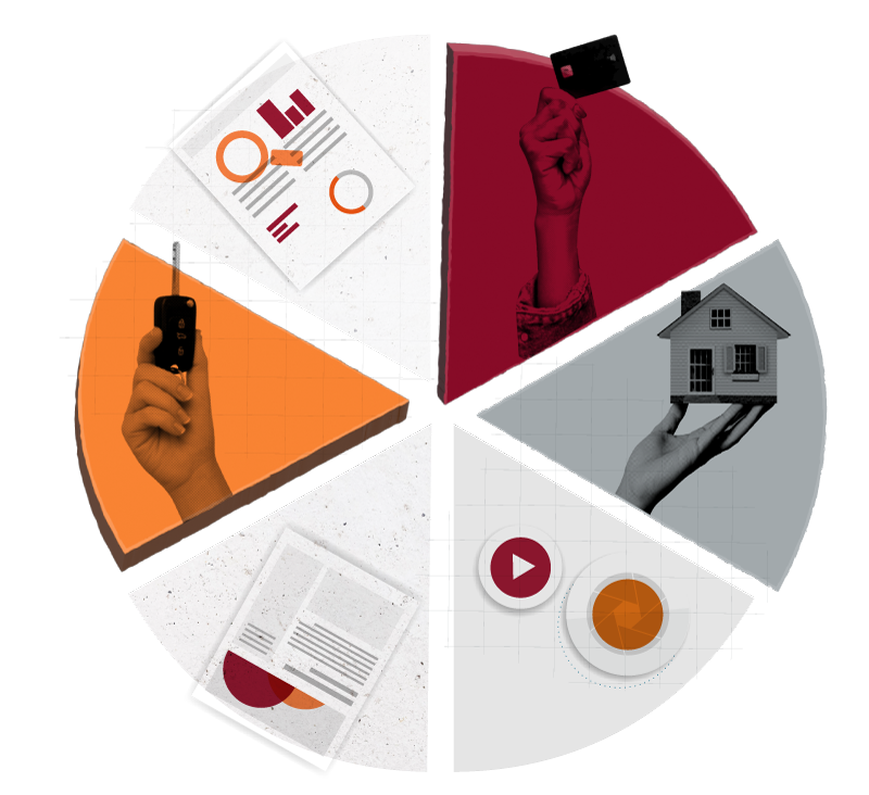 A pie chart slit in various cross sections showing an assortment of resources, and imagery including a hand holding a set of keys, a hand holding a credit card, and a hand holding a tiny house.