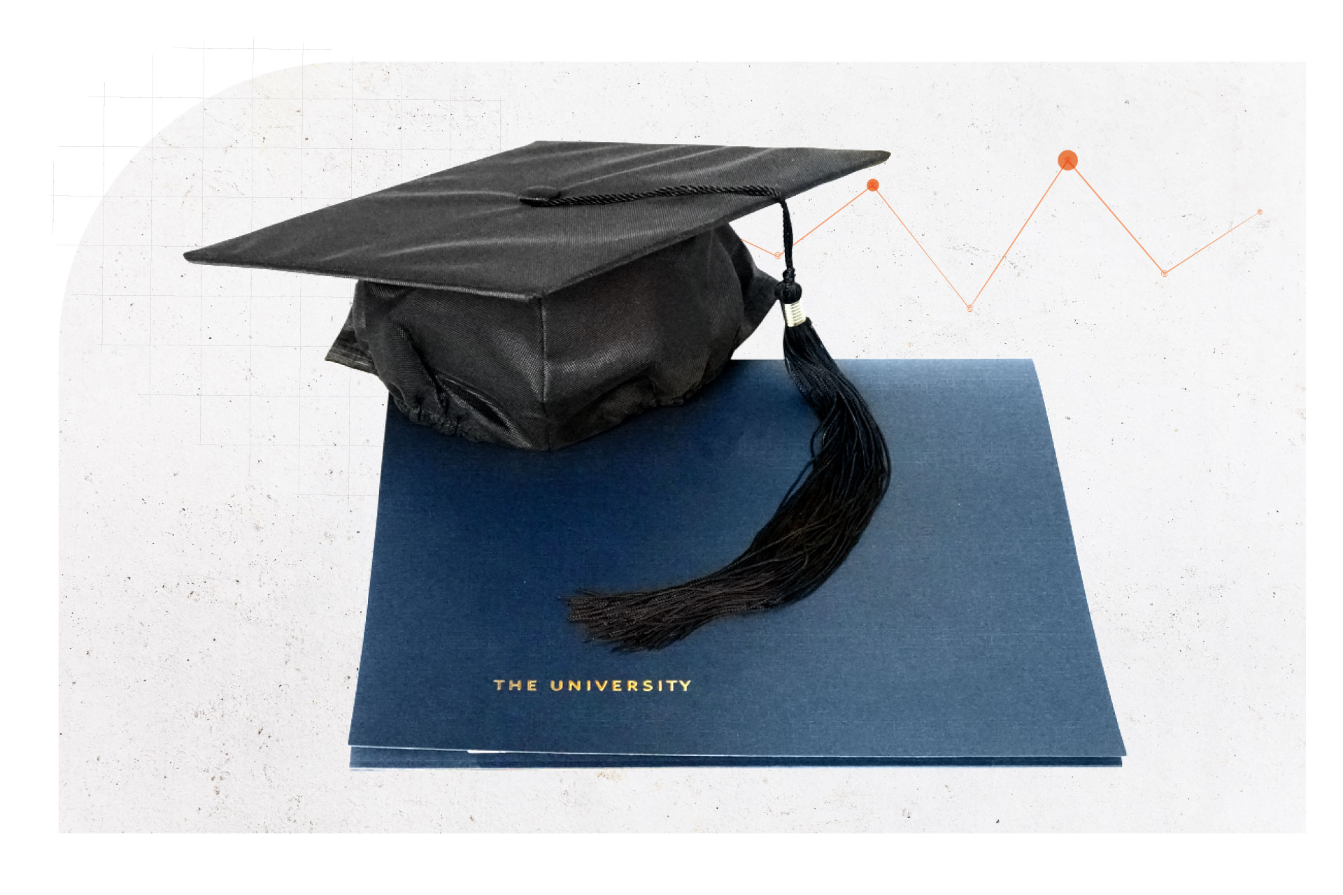 A graduation cap sitting on top of a blue file folder with The University labelled across the front. The file folder was presumbly hold a diploma in it. The background has graph lines and data points in it.