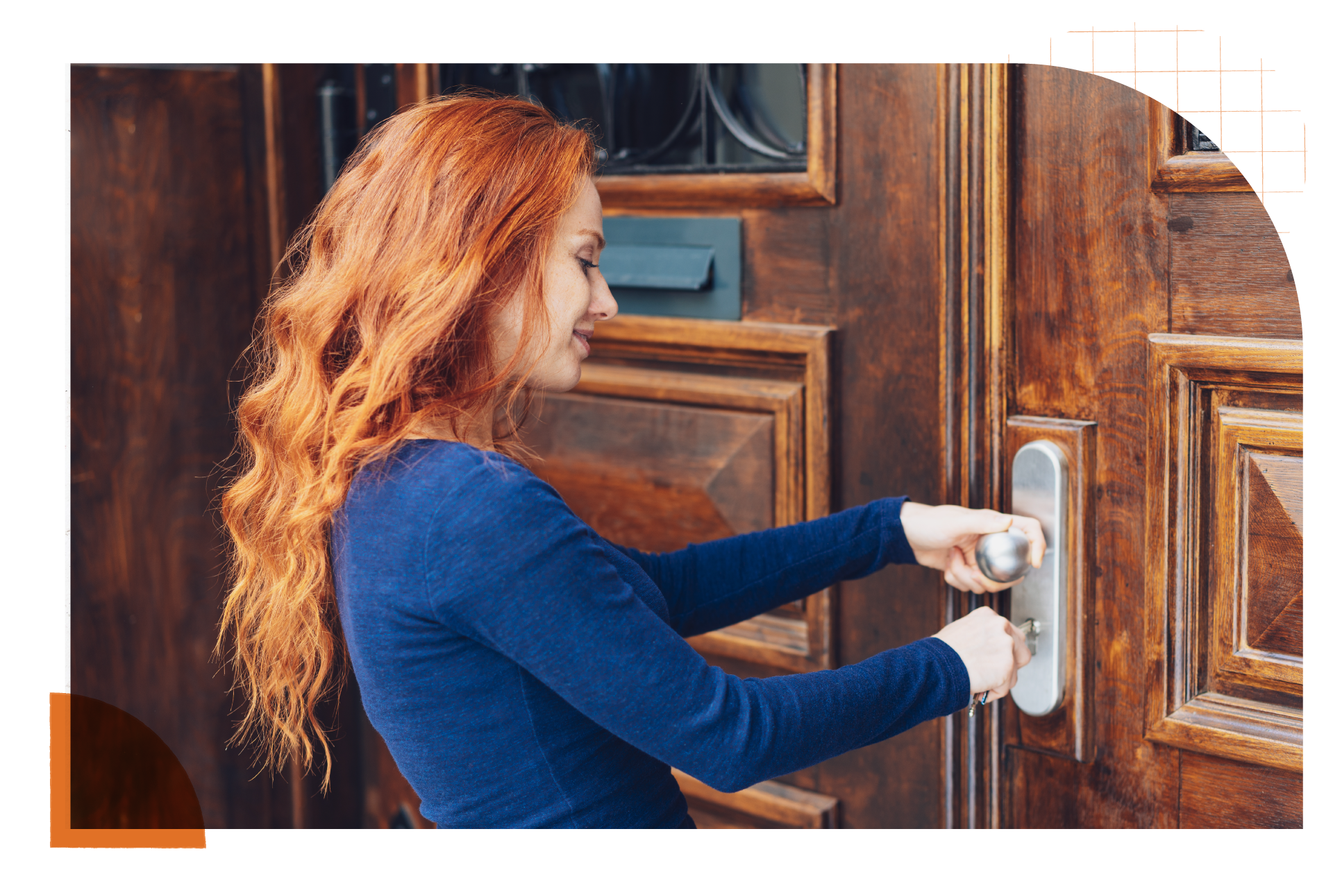 A young woman with long way red hair in a blue long sleeve shirt is opening the door to a home with keys. There are various shapes and grid lines scattered around the image.