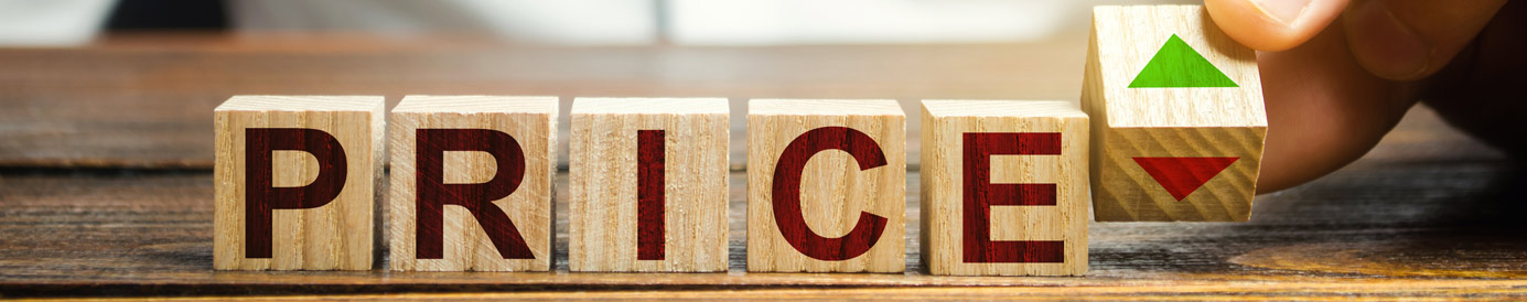 Blocks with letters spell “PRICE”. One to the side is being flipped from a side with a red down arrow to a green up arrow.