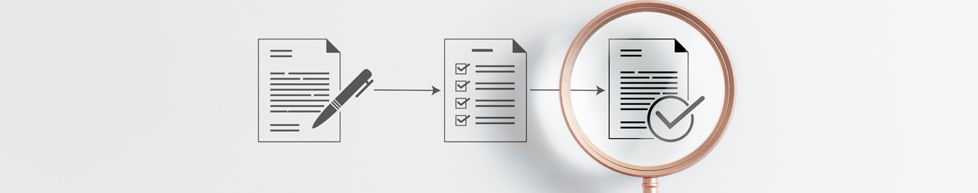 3 line-art document icons are lined up across a white background. A hand with a magnifying glass scans over them.