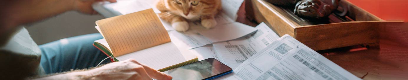 A man sits at a desktop with paperwork, address book, phone and an onlooking cat. He is swiping the phone.