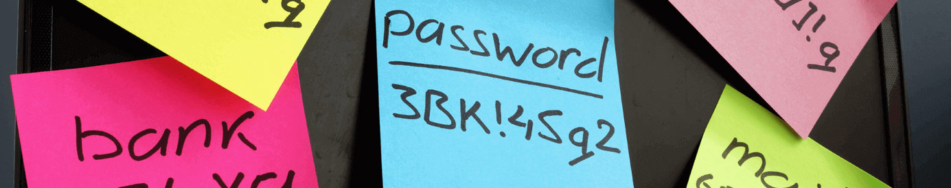 A blue sticky note with password 3BK!45q2 written on it surrounded by sticky notes of varying colors