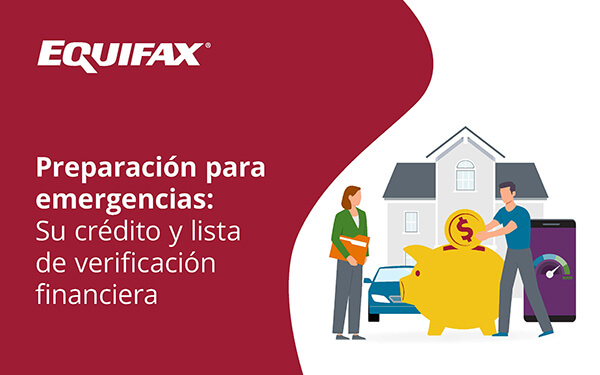 The words “Preparación para emergencias: Su crédito y lista de verificación financiera” sit next to an illustration of saving