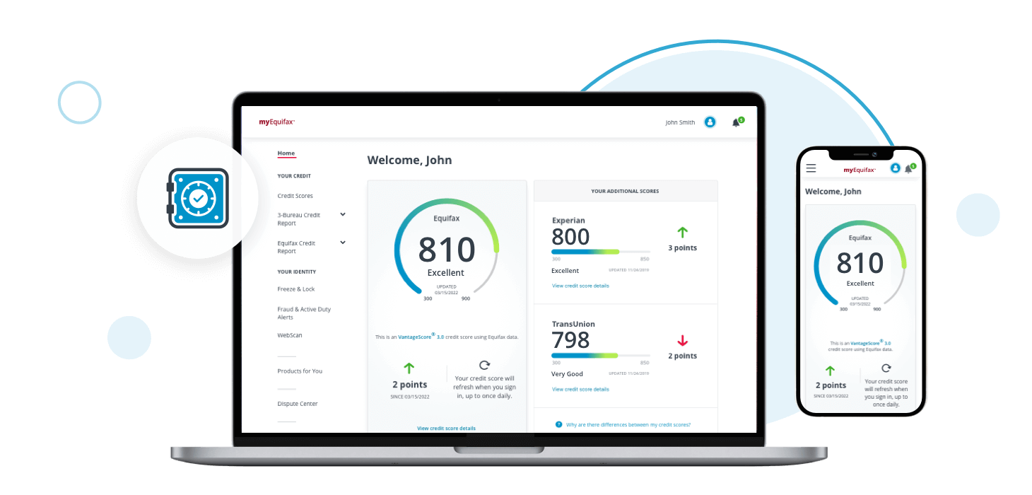 Equifax pages displayed on desktop and mobile devices