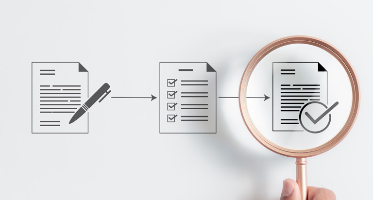 3 line-art document icons are lined up across a white background. A hand with a magnifying glass scans over them.