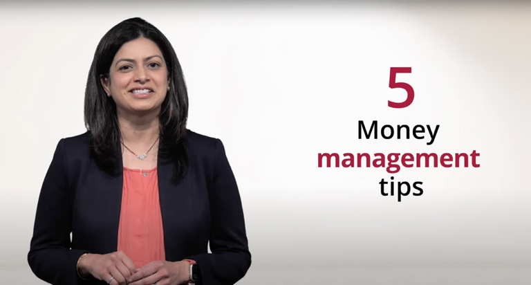 A professional woman with long black hair stands in front of a white background next to the text, “5 Money management tips”.