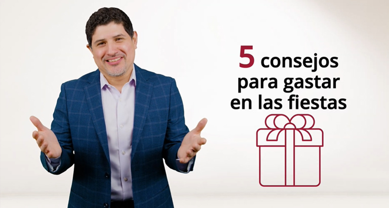 Un hombre con cabello negro de traje azul que hace gestos. El texto superpuesto dice: “5 consejos para gastar en las fiestas”.