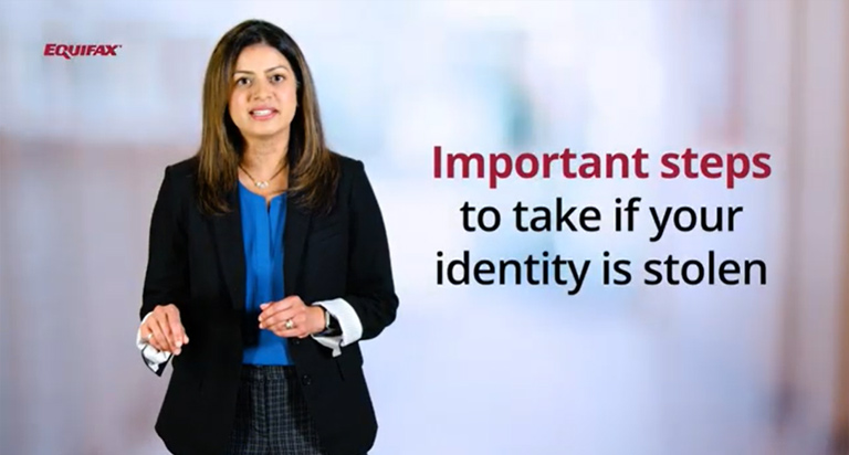 A woman with brown hair in a blue shirt and black suit gestures with her hands. Overlaid text reads: “6 Important Steps to Take if Your Identity is Stolen”.