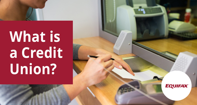 A woman with dark hair and a pen in hand stands at a bank teller. The text “What is a Credit Union?” overlaid.