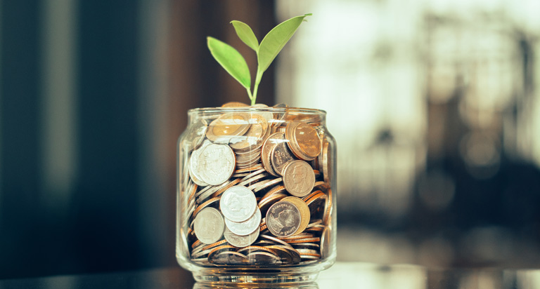 A glass jar sits on a surface, full of coins. A plant is sprouting out of the coins as if the jar and coins were a planter.