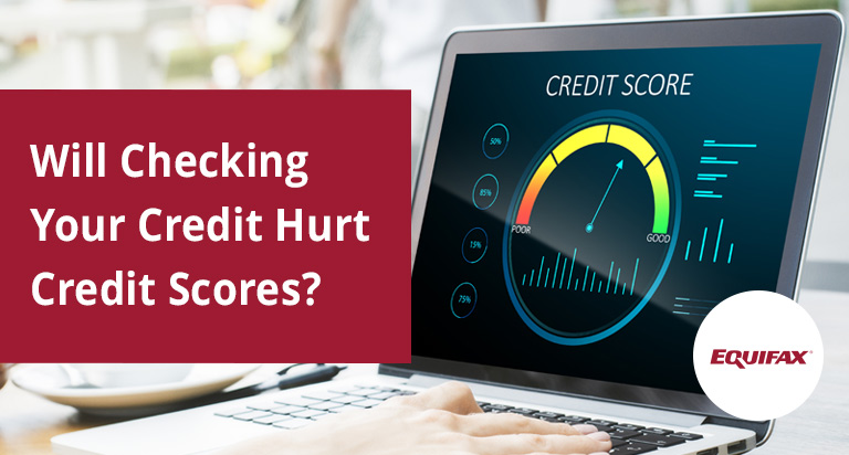 A laptop on a surface with a credit score interface on screen. “Will Checking Your Credit Hurt Credit Scores?” is overlaid.