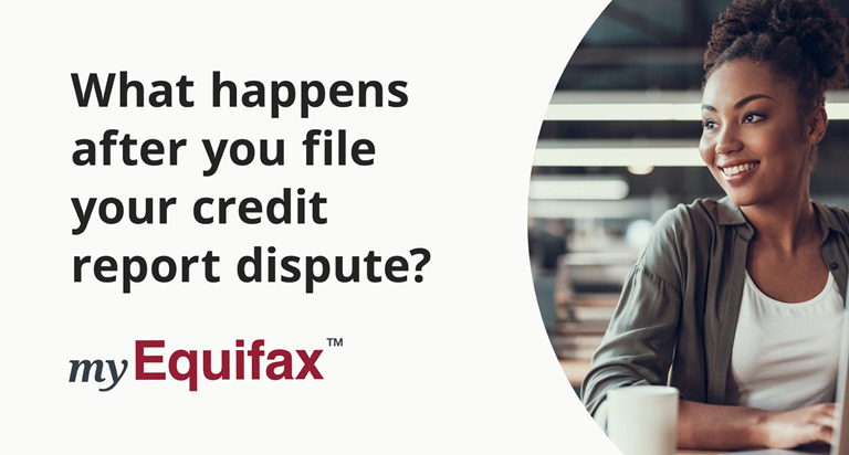 A smiling young woman with black hair. The text “What happens after you file your credit report dispute?” is overlaid.