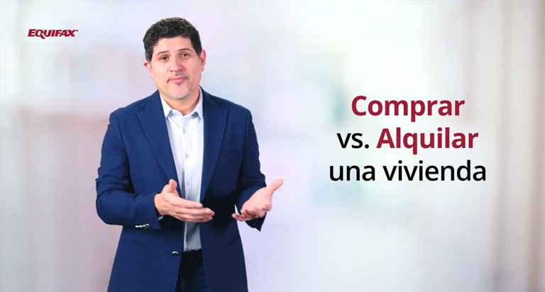 Un hombre de cabello negro y chaqueta azul con las manos extendidas, se encuentra junto al texto “Comprar vs. Alquilar una vivienda”.