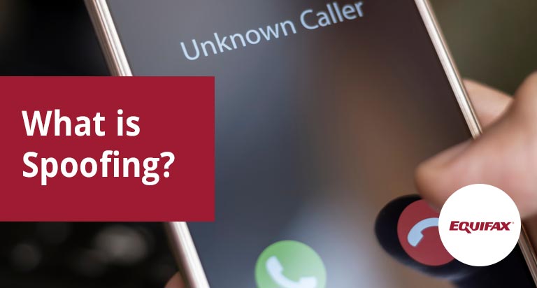 A phone in hand receiving a call with 'Unknown Caller' on the screen. The text 'What is Spoofing?' is overlaid.