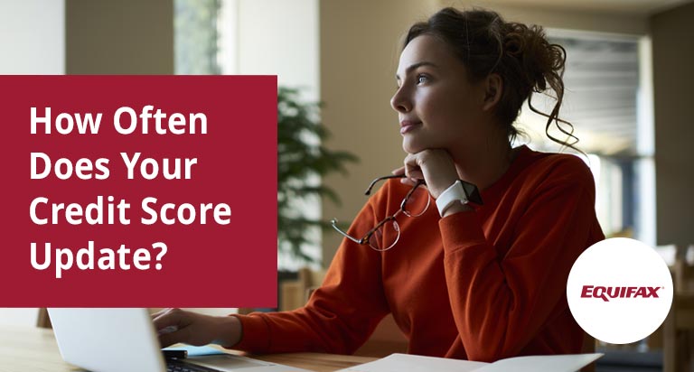 A woman at a desk with a laptop looks off into the distance. The text 'How Often Does Your Credit Score Update?' is overlaid.
