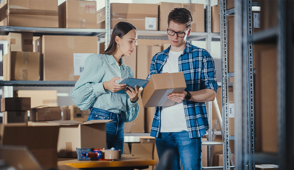 Dos jóvenes chequean la información de una caja dentro de la bodega