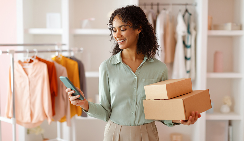 Mujer revisa los pedidos en línea para su tienda de ropa