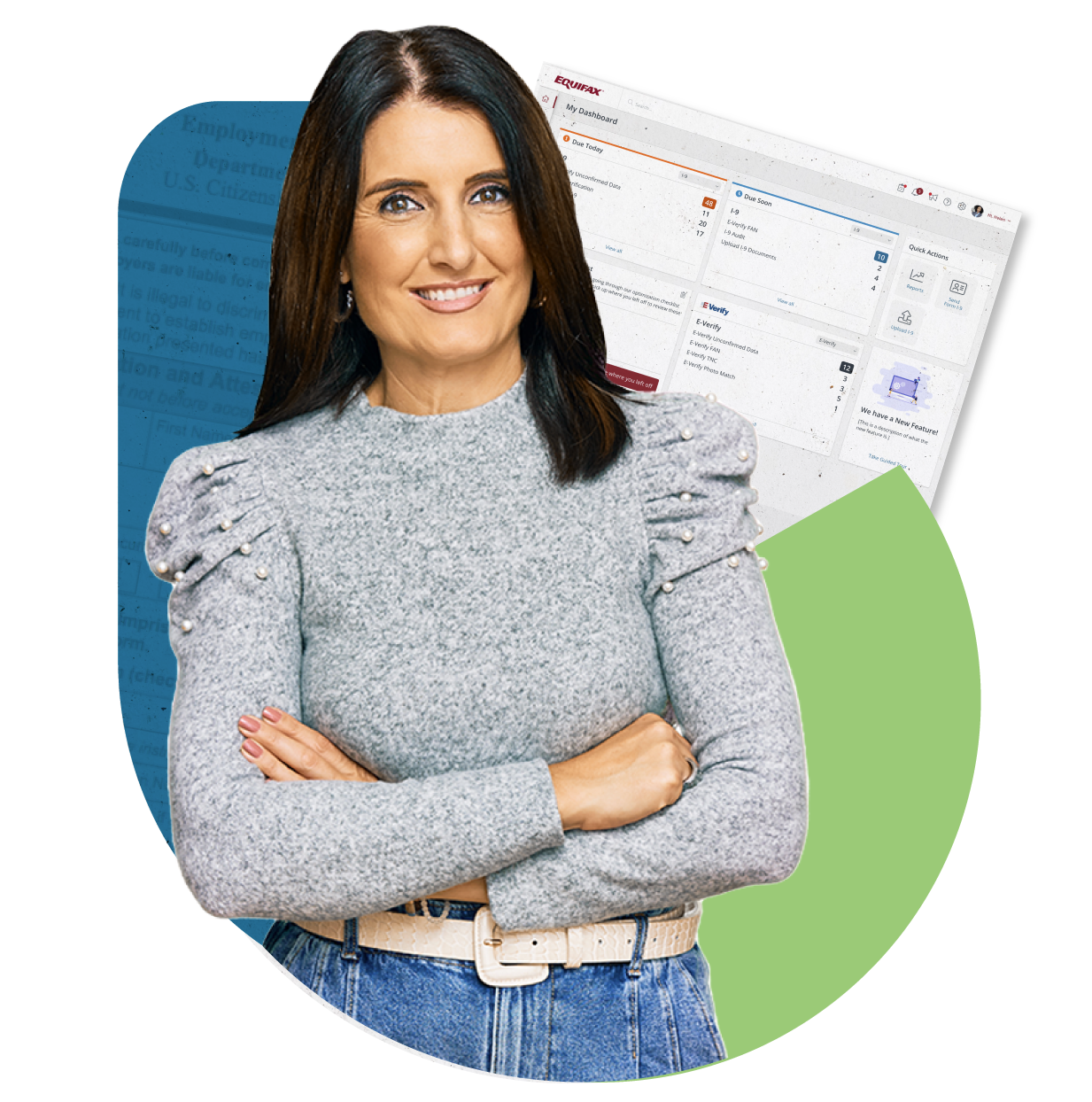 A brunette woman in a grey sweater with silver hoop earrings standing with her arms crossed smiling directly into the camera. In the background, there is a screenshot of the Equifax dashboard.